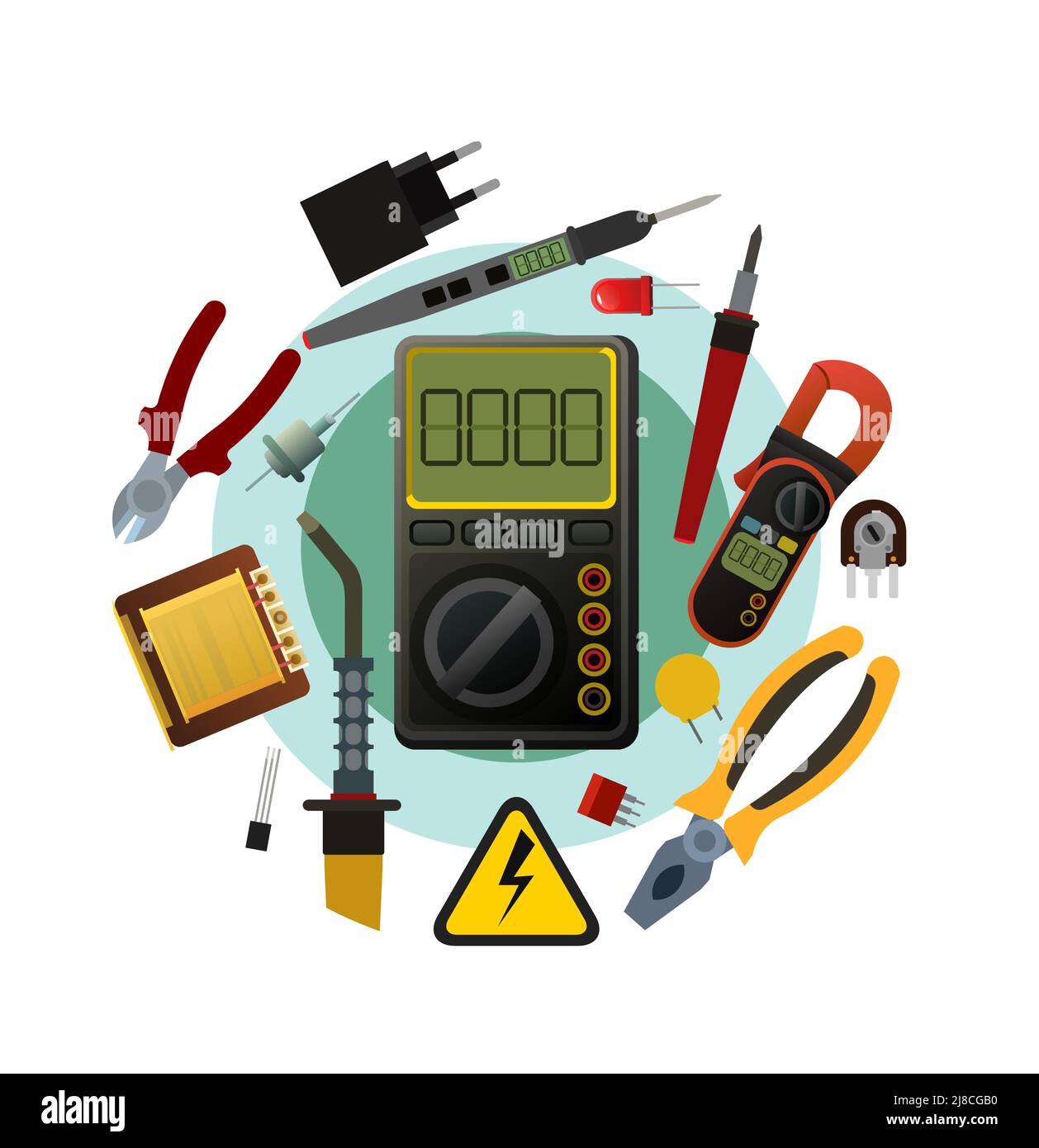 Attrezzi per elettricista. Riparazione di apparecchiature radio elettroniche e a microprocessore. Componenti di ricambio e assistenza. Isolato su sfondo bianco. Canta Illustrazione Vettoriale