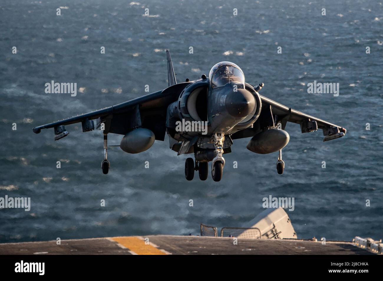 Un corpo della Marina degli Stati Uniti AV-8B Harrier attaccato alla pecora nera dell'attacco della Marina Squadron 214, effettua un atterraggio verticale sul ponte di volo della nave d'assalto anfibio di classe Wasp USS Essex, 4 dicembre 2021 che opera sul Golfo Arabico. Foto Stock