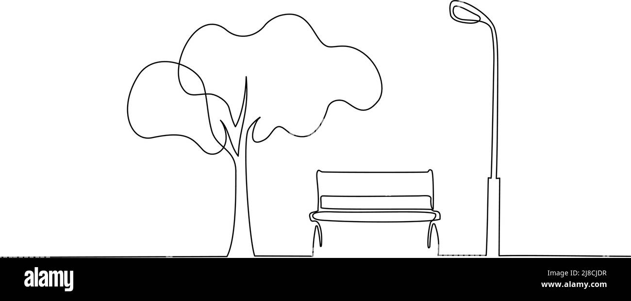 Panchina nel parco vicino albero e lanterna. Disegno continuo in stile minimalismo a una linea. Illustrazione vettoriale Illustrazione Vettoriale