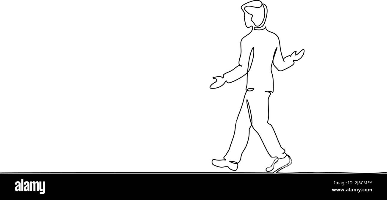 Disegno continuo su una linea. Giovane uomo che cammina sorpreso. Illustrazione vettoriale Illustrazione Vettoriale