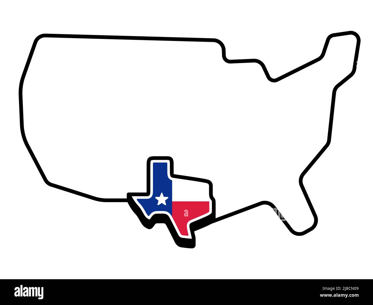 Mappa stilizzata degli Stati Uniti con profilo e bandiera dello stato del Texas. Illustrazione grafica della clip vettoriale. Illustrazione Vettoriale