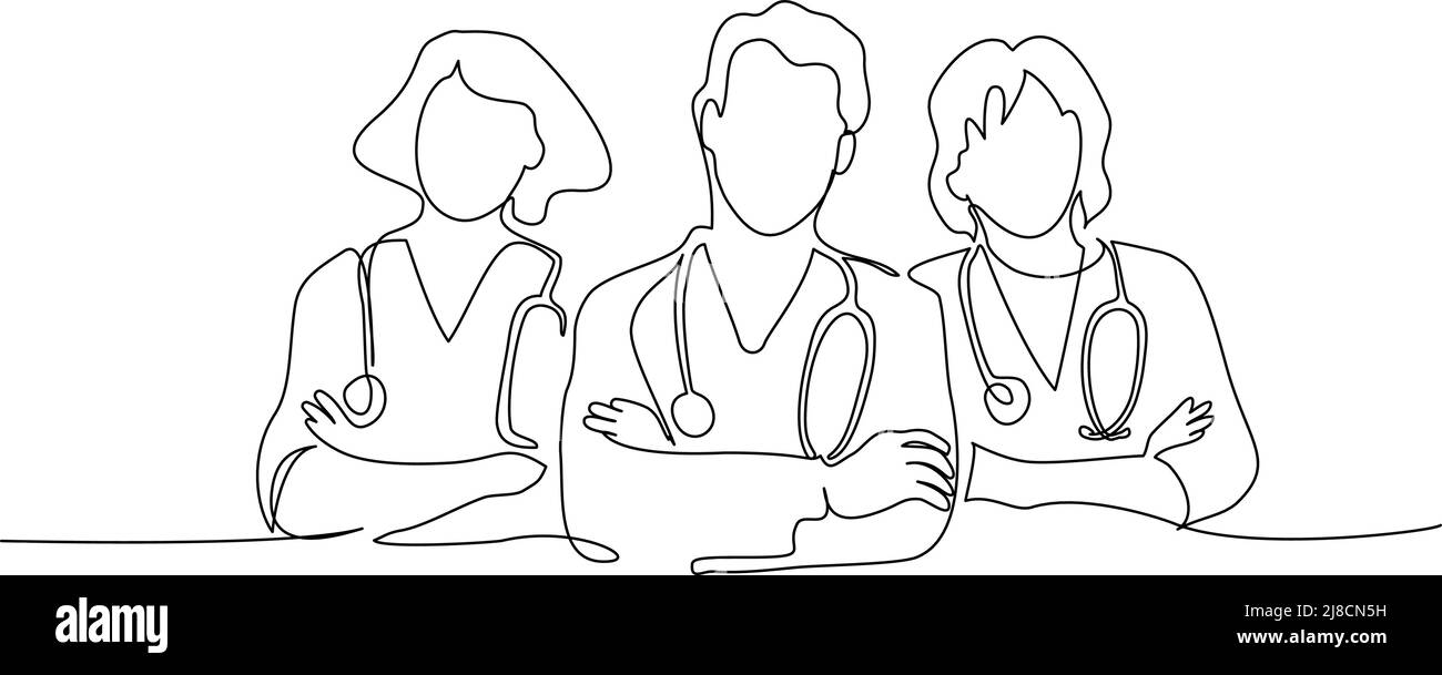 Disegno continuo su una linea. Gruppo di medici terapeuti. Design minimalista delle persone mediche. Illustrazione vettoriale isolata su sfondo bianco. Illustrazione Vettoriale