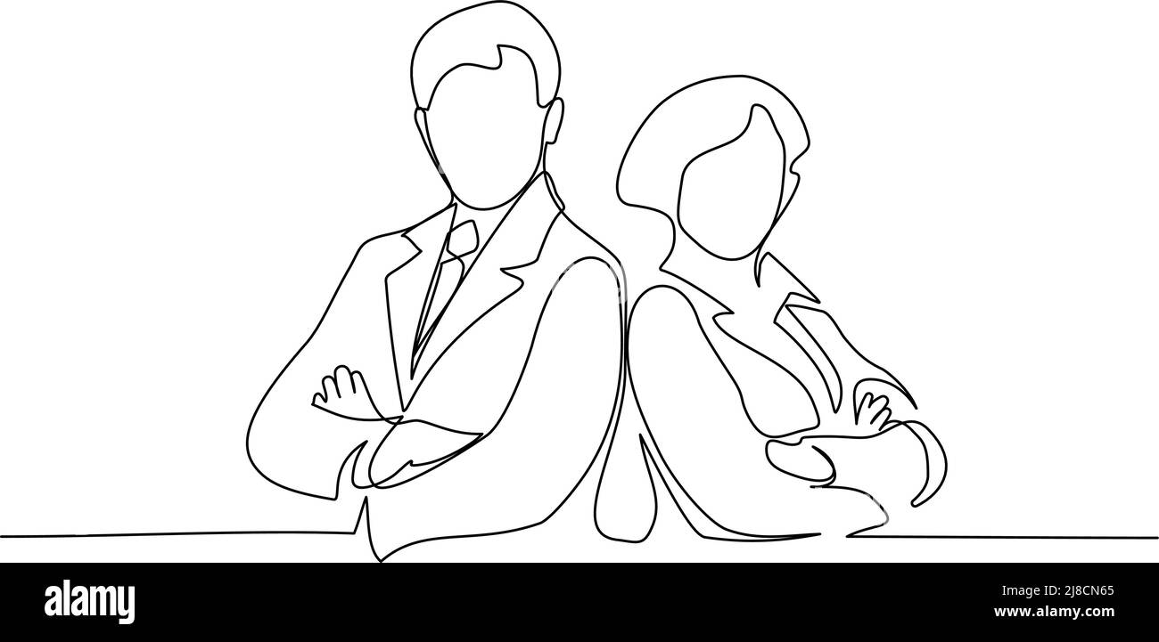 Il giovane uomo e la giovane donna lavorano insieme in ufficio. Disegno continuo su una linea. Illustrazione vettoriale isolata Illustrazione Vettoriale