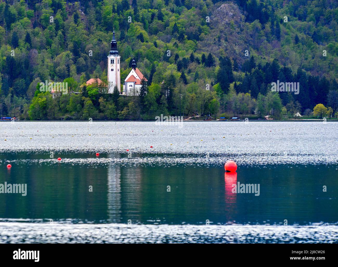 Lago di Bled nel nord della Slovenia con vista su un'isola con una chiesa dietro un boa rosso Foto Stock
