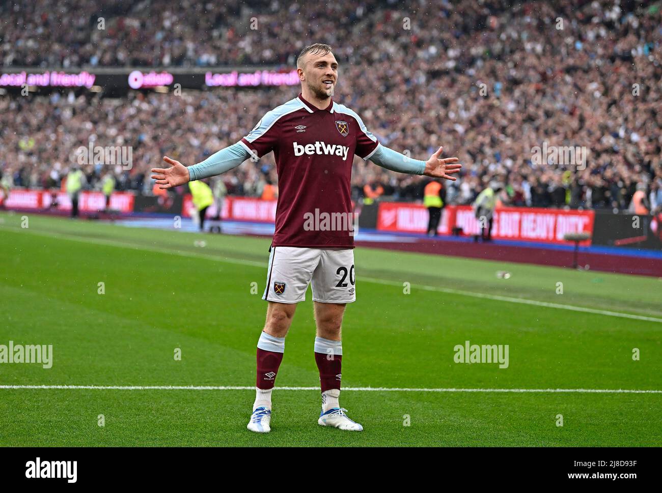 Londra UK 15th maggio 2022. Jarrod Bowen (West Ham) festeggia dopo aver segnato il traguardo del 1st West Ham durante la partita West Ham vs Manchester City Premier League allo stadio di Londra Stratford.Credit: Martin Dalton/Alamy Live News. Questa immagine è solo PER USO EDITORIALE. Licenza richiesta dal Football DataCo per qualsiasi altro utilizzo. Credit: MARTIN DALTON/Alamy Live News Foto Stock