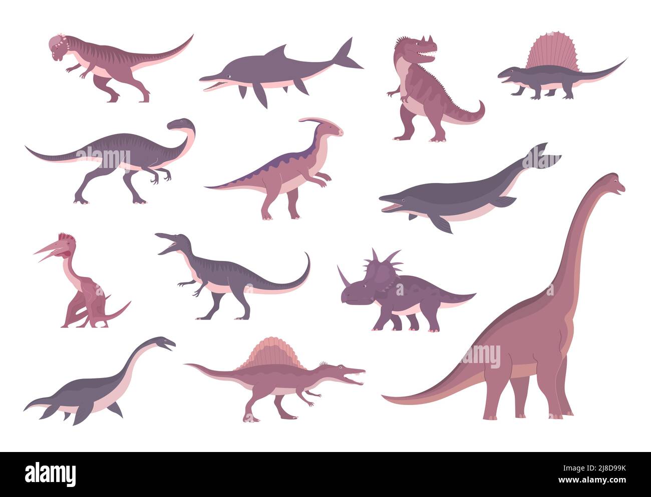 Set di dinosauri carnivori ed erbivori antichi. Pterosaurus, ichthyosaurus, mosasaurus e spinosaurus. [ Lucertole del periodo giurassico. Illustrazione Vettoriale