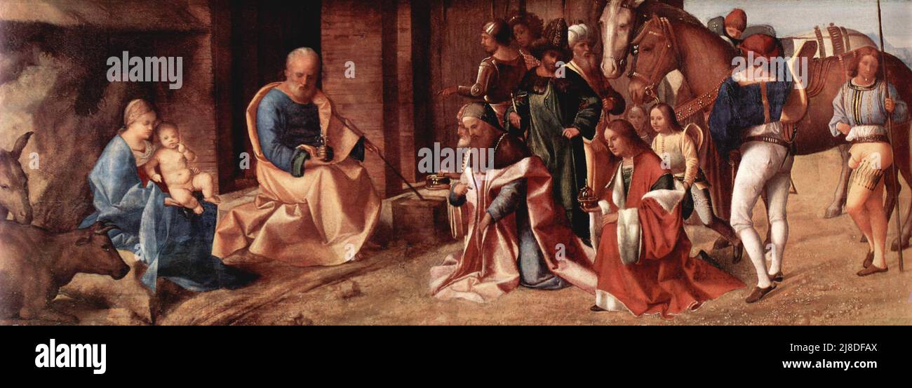 L'Adorazione dei Magi di Giorgione. In questo mito cristiano tre saggi uomini o re vengono a visitare il neonato gesù e lo riconoscono come messia e figlio di dio. Foto Stock