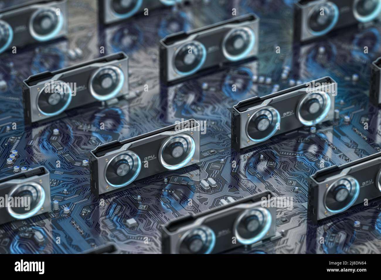 Schede grafiche GPU in fila in una fattoria mineraria bitcoin o 3D render farm. Hardware IT. 3d illustrazione Foto Stock