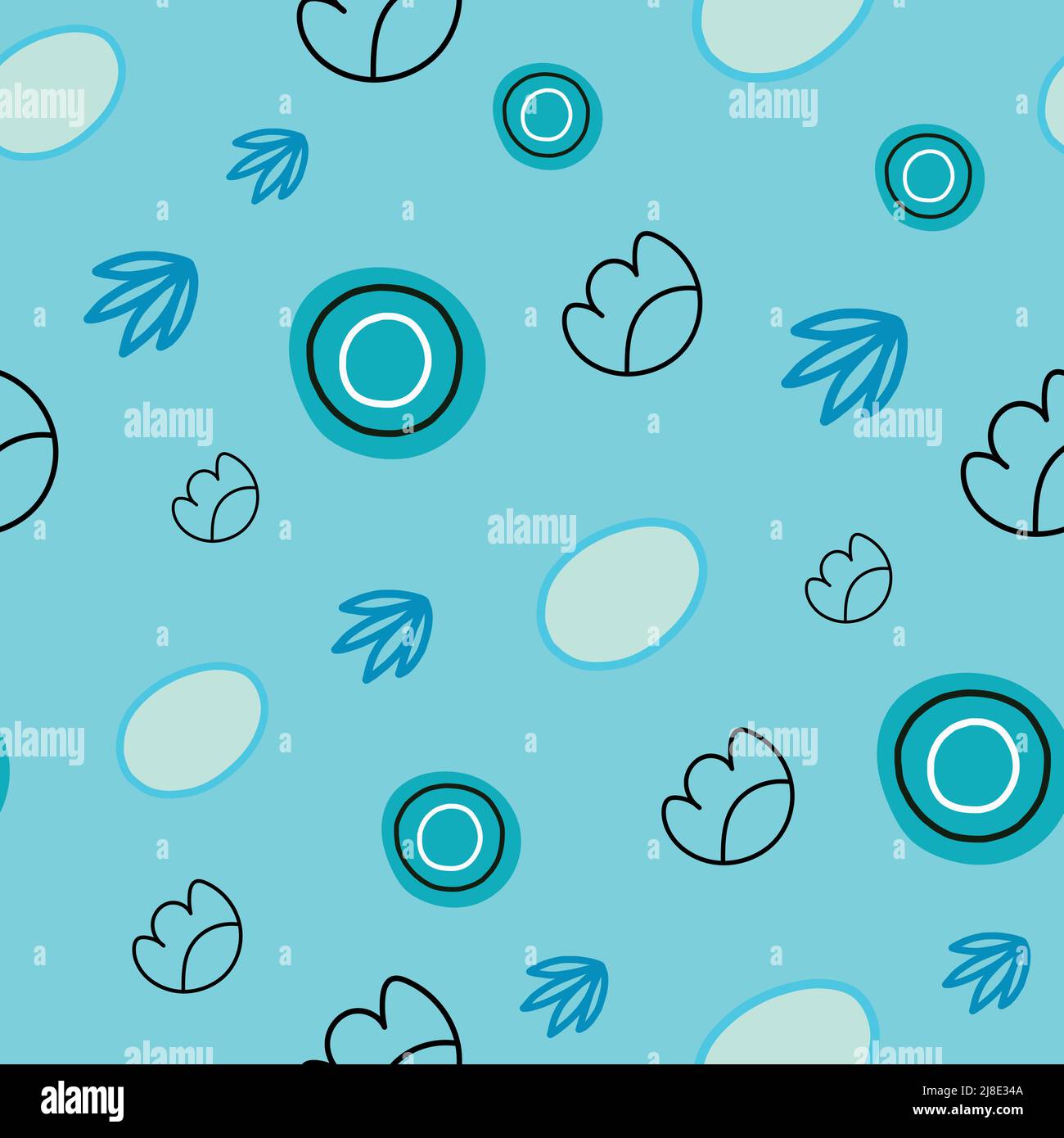 Cerchi e forme floreali in blu. Pattern ripetuto astratto. Illustrazione Vettoriale