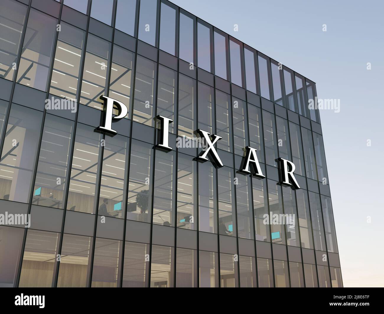 Emeryville, California, Stati Uniti. Maggio 2, 2022. Solo per uso editoriale, 3D CGI. Logo Pixar Signage sulla parte superiore dell'edificio in vetro. Workplace Compa Commercial Animation Studio Foto Stock