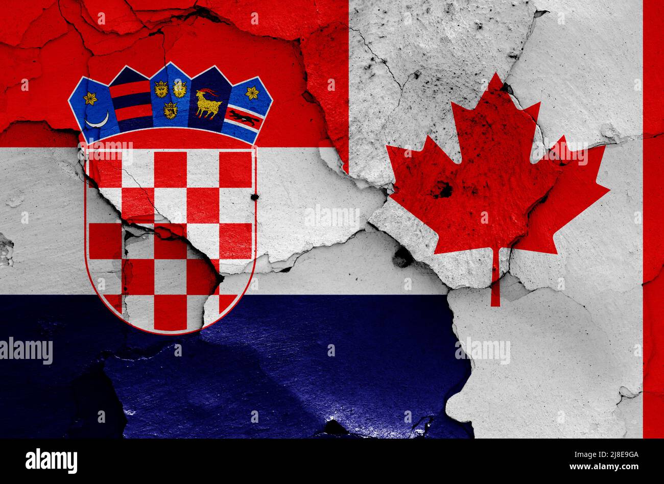 Bandiere di Croazia e Canada dipinte su muro rotto Foto Stock
