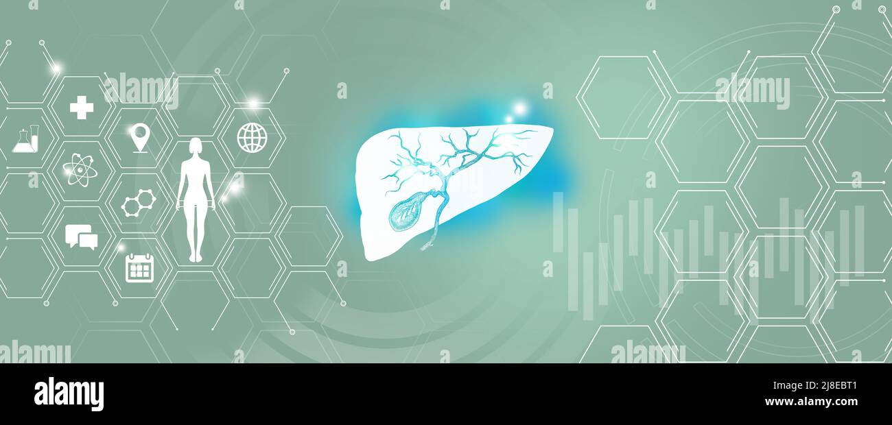 Ricerca e recupero della malattia della vescica dell'organo interno umano. Tavolozza dei modelli turchesi, spazio di copia per il testo. Foto Stock