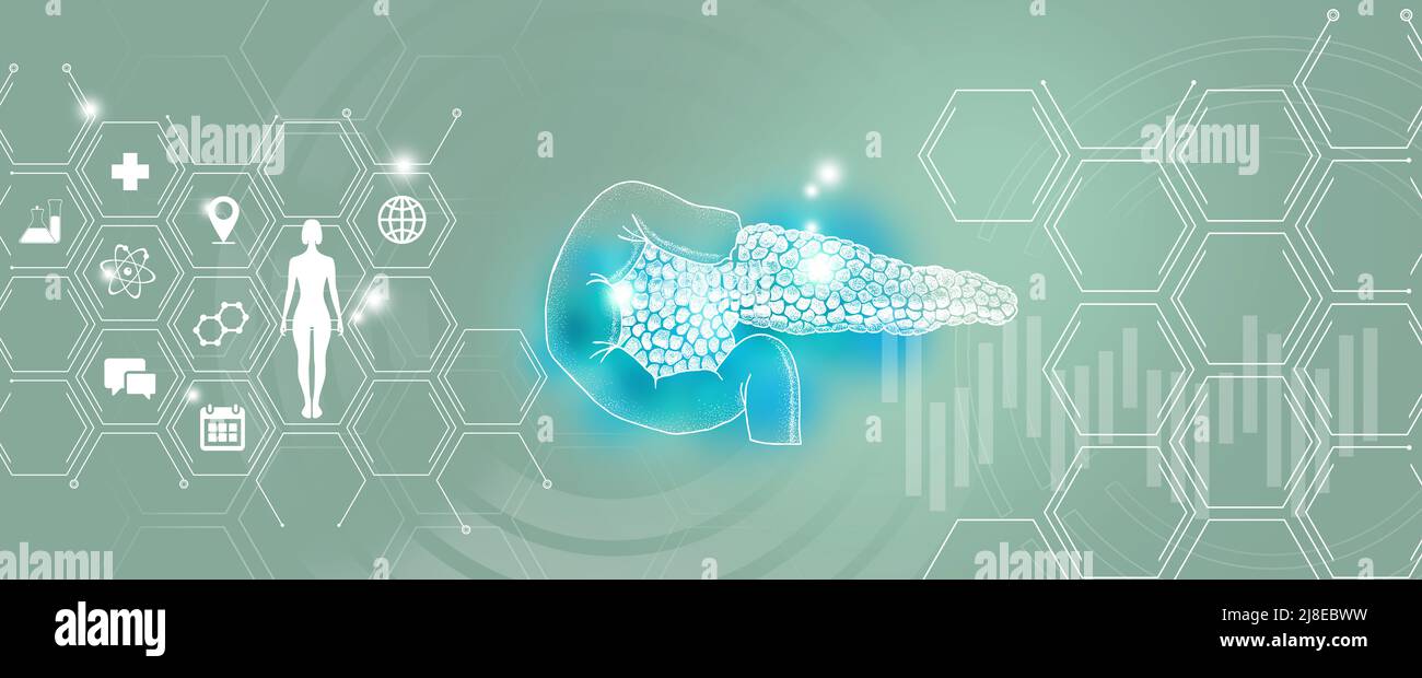 Ricerca e recupero della malattia del pancreas dell'organo interno umano. Tavolozza dei modelli turchesi, spazio di copia per il testo. Foto Stock