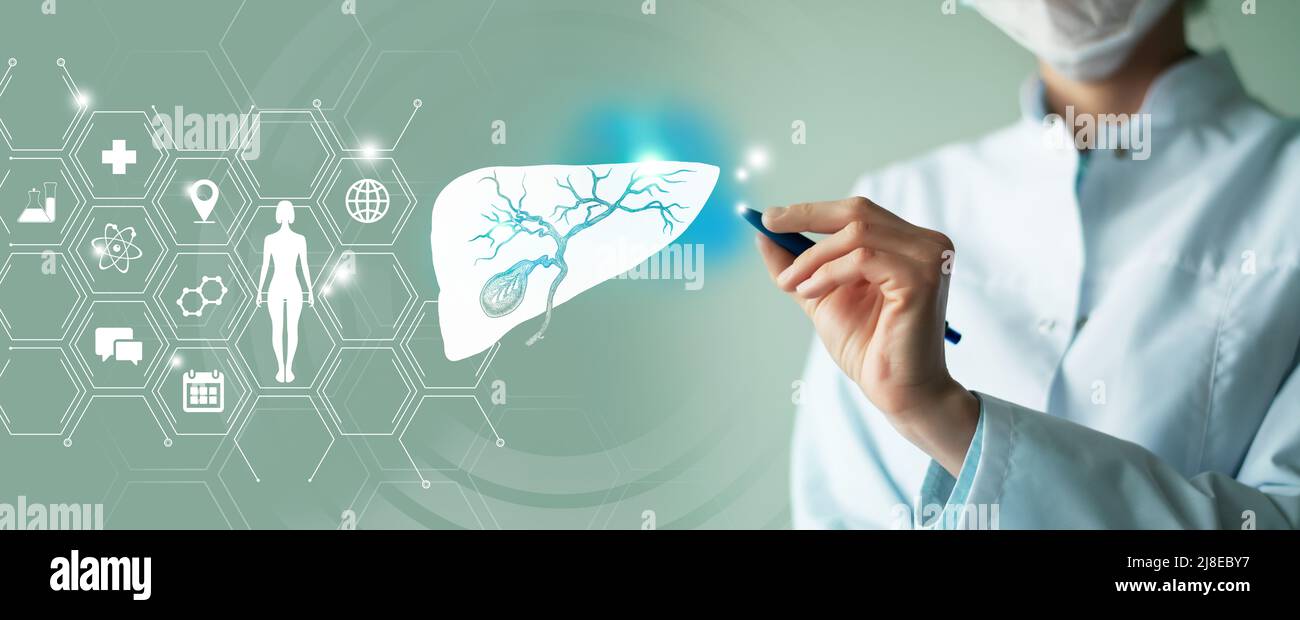 Telemedicina e il concetto di recupero della vescica di Gall umana. Tavolozza di colori turchesi, spazio di copia per il testo. Foto Stock