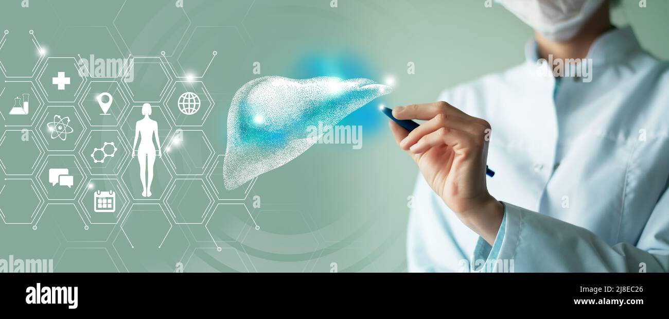 Telemedicina e il concetto di recupero del fegato umano. Tavolozza di colori turchesi, spazio di copia per il testo. Foto Stock