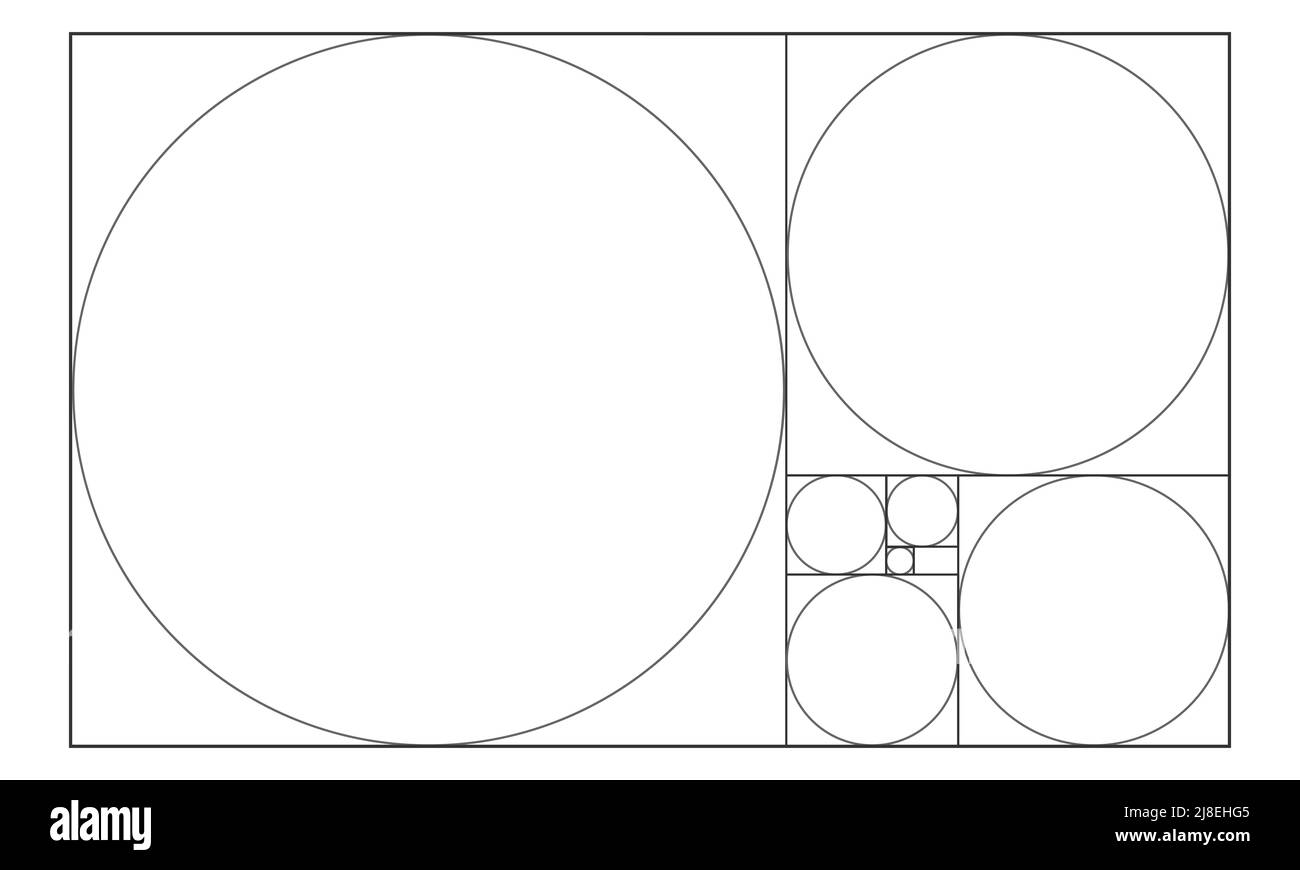 Modello Golden Ratio. Cerchi in quadrati in un riquadro rettangolare. Sequenza Fibonacci. Griglia delle proporzioni di simmetria ideali. Illustrazione del contorno vettoriale. Illustrazione Vettoriale