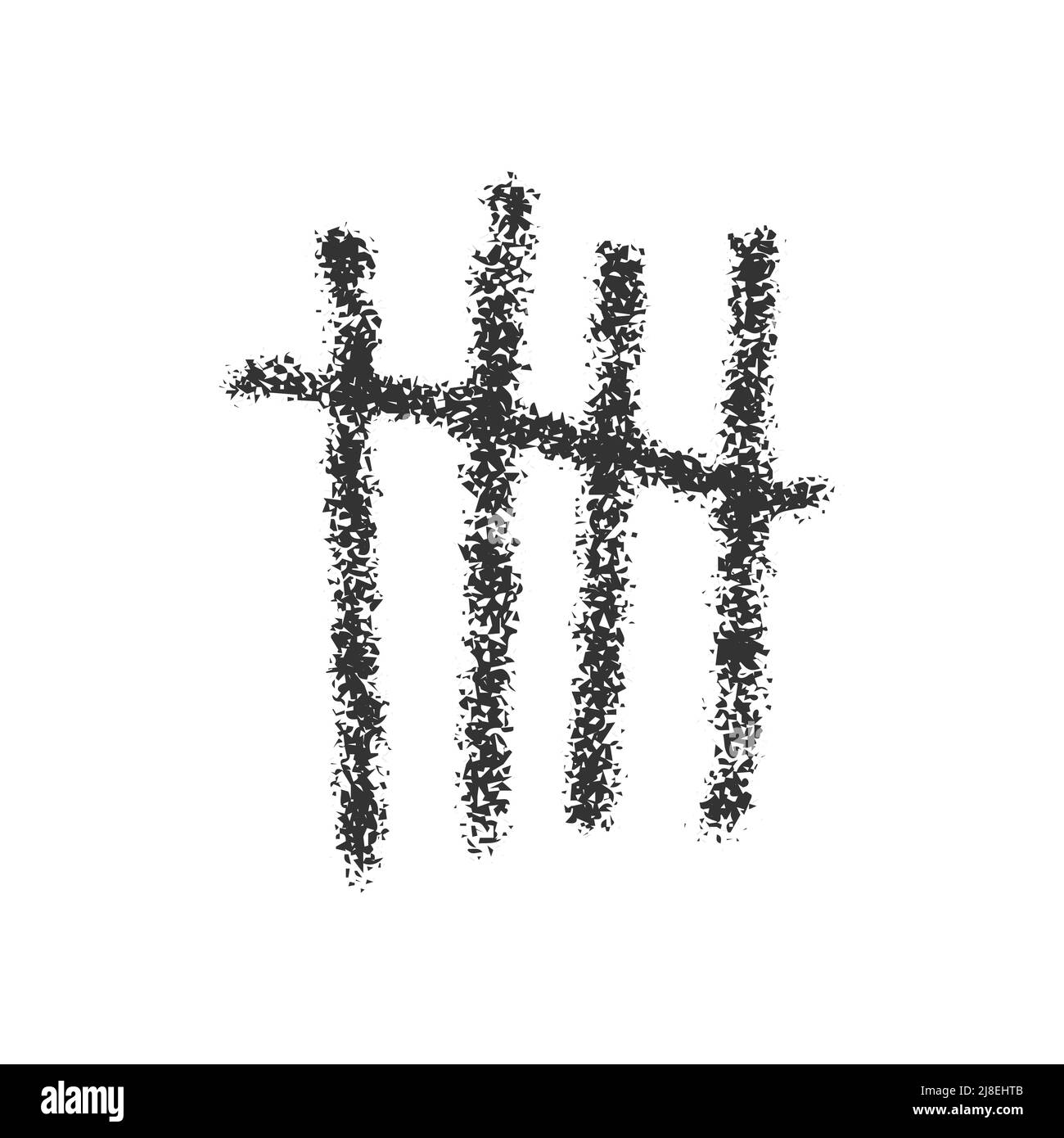 Contrassegno di conteggio carbone disegnato a mano. Quattro bastoncini neri attraversati da una linea di barra. Simbolo conteggio giorni sulla parete della prigione. Segno di sistema numerico unario simbolizzato il numero 5. Illustrazione vettoriale realistica Illustrazione Vettoriale