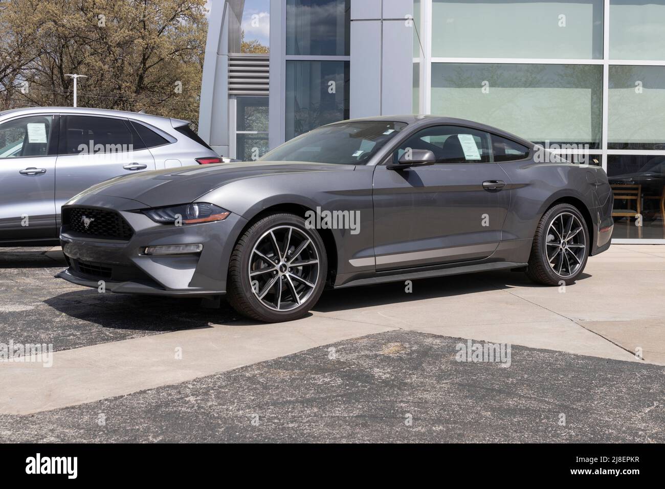Elkhart - Circa Maggio 2022: Mostra Ford Mustang presso una concessionaria. I Mustang possono essere ordinati in un modello base, GT, Mach 1 o Shelby GT500. Foto Stock
