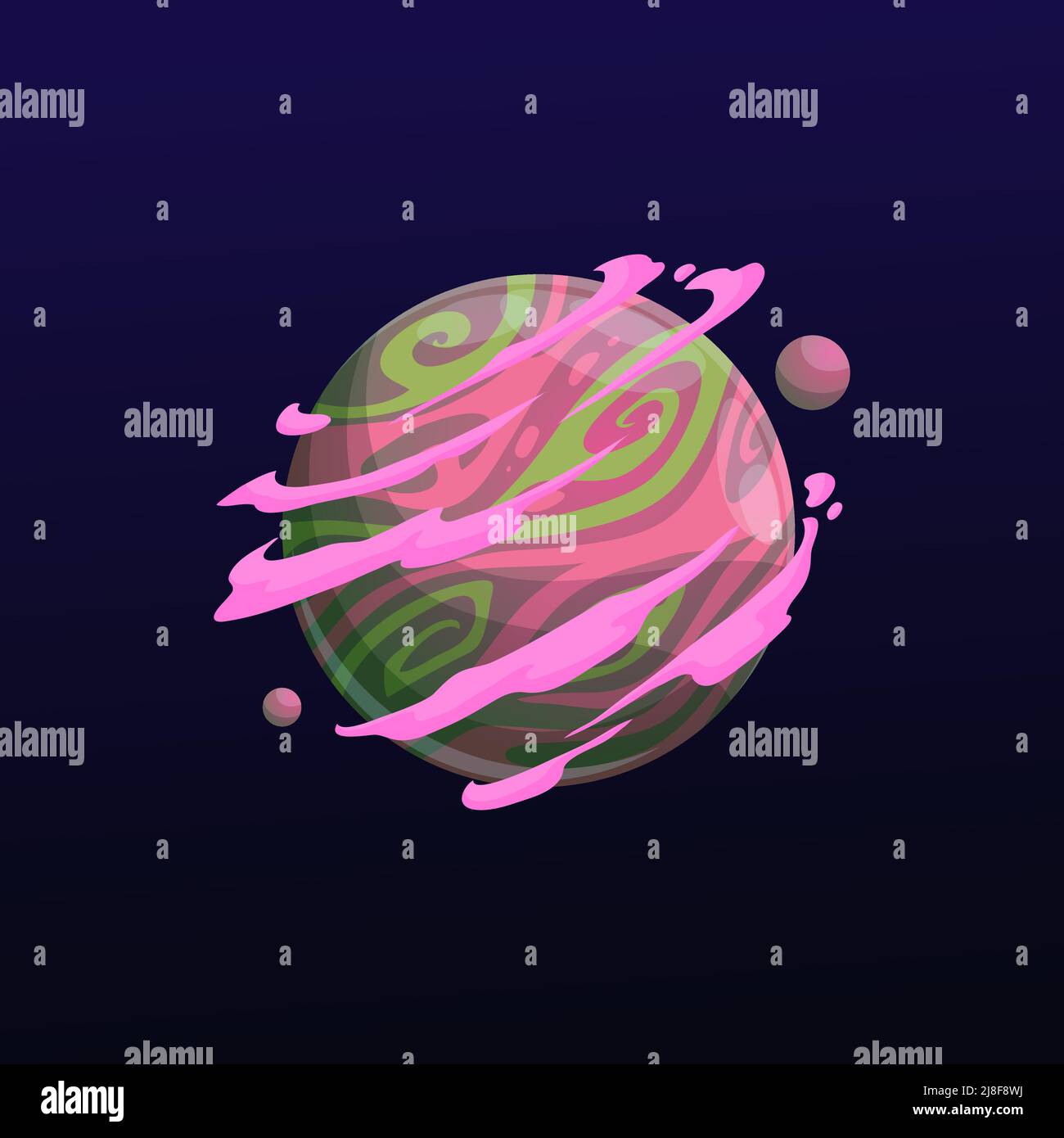 Pianeta galassia cartoon con nubi rosa, terra fantasy spazio con anelli, oggetto di gioco vettoriale. Fantastico pianeta galassico o satellite alieno con nuvole rosa o stelle e crateri dalle meteoriti Illustrazione Vettoriale