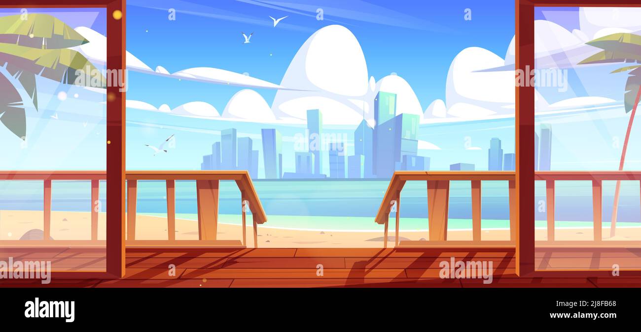 Portico di casa in legno sulla spiaggia di mare con palme e la città sullo skyline. Illustrazione vettoriale di cartoni animati di paesaggio tropicale estivo e bungalow o cottage terrazza con scala e balaustra Illustrazione Vettoriale