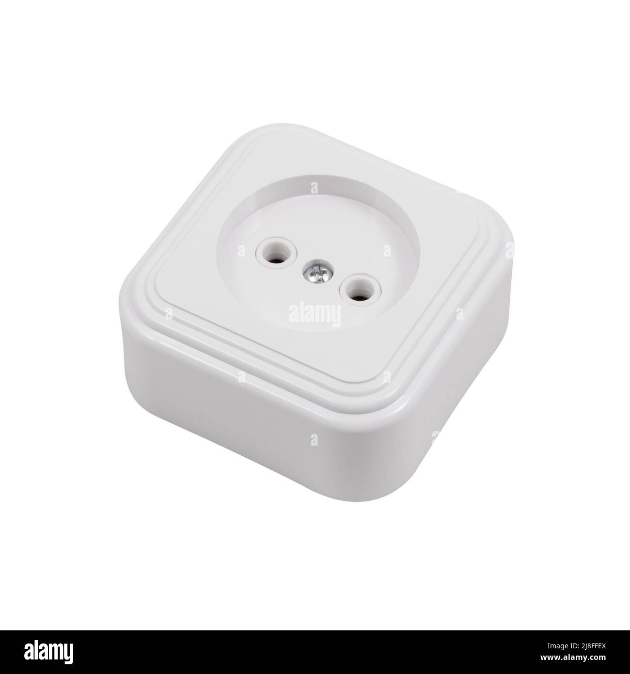 Presa elettrica (piatta) bianca integrata isolata su sfondo bianco. Fotografia della parte anteriore e posteriore dell'uscita. Foto Stock