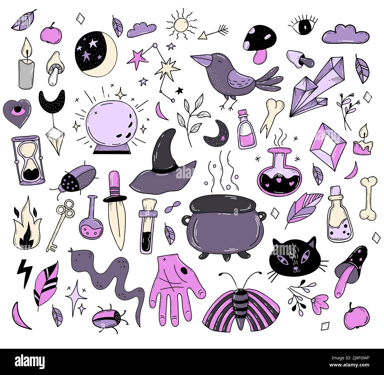 Set di magia, stregoneria e oggetti occulti per le streghe. Amuleti e oggetti rituali, animali e uccelli, pozione d'amore e funghi magici, cristallo e. Illustrazione Vettoriale