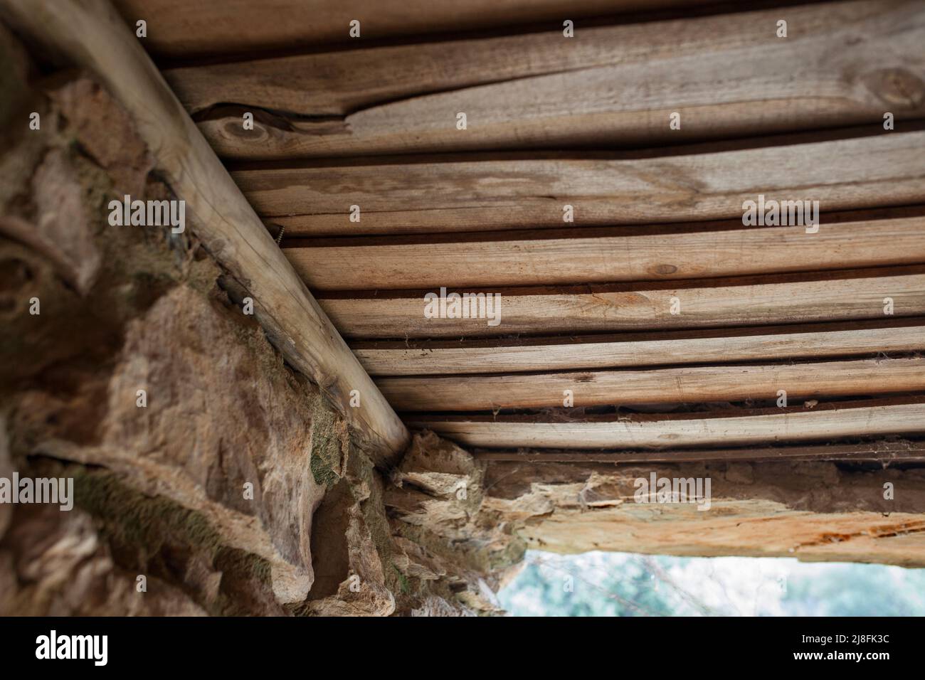 Vecchio soffitto di bordo che copre una capanna dei pastori. Messa a fuoco selettiva Foto Stock