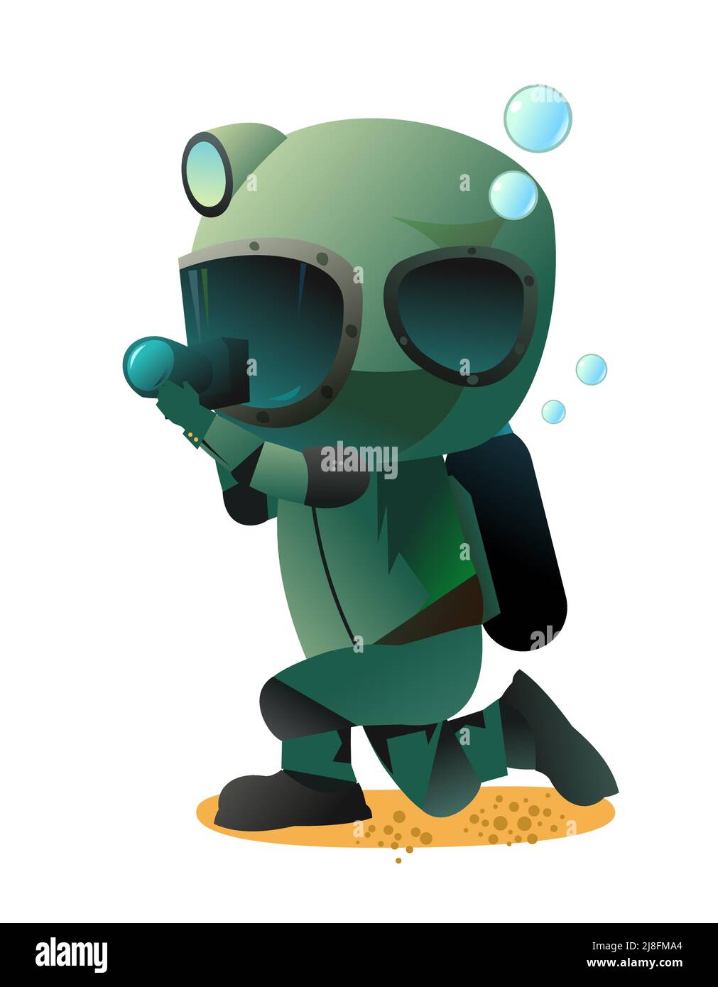 Subacqueo in attrezzatura subacquea retrò sedersi e scattare foto. Ragazzo in subacquea vestito fondo di stagno. Divertente stile cartoon. Sport estremi. Persona in lago o se Illustrazione Vettoriale