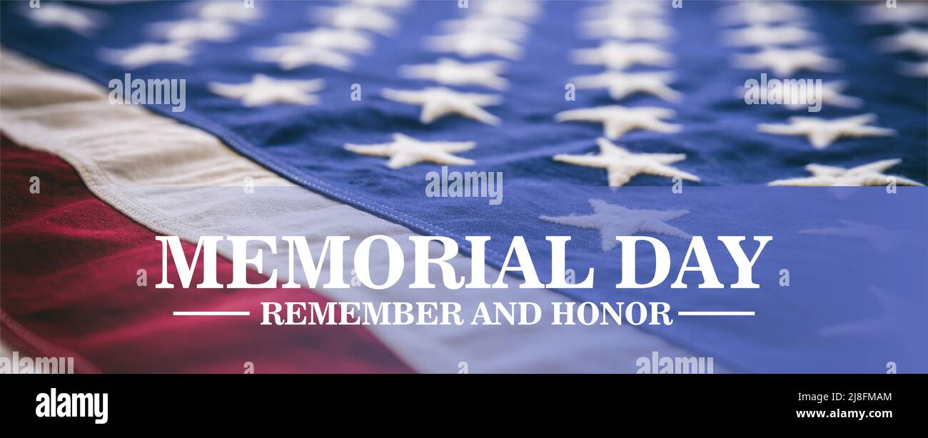 Memorial Day Ricorda e onora il testo sulla bandiera degli Stati Uniti. Felice Memorial Day sfondo. Festa nazionale America honoring tutti i veterani che hanno servito Foto Stock