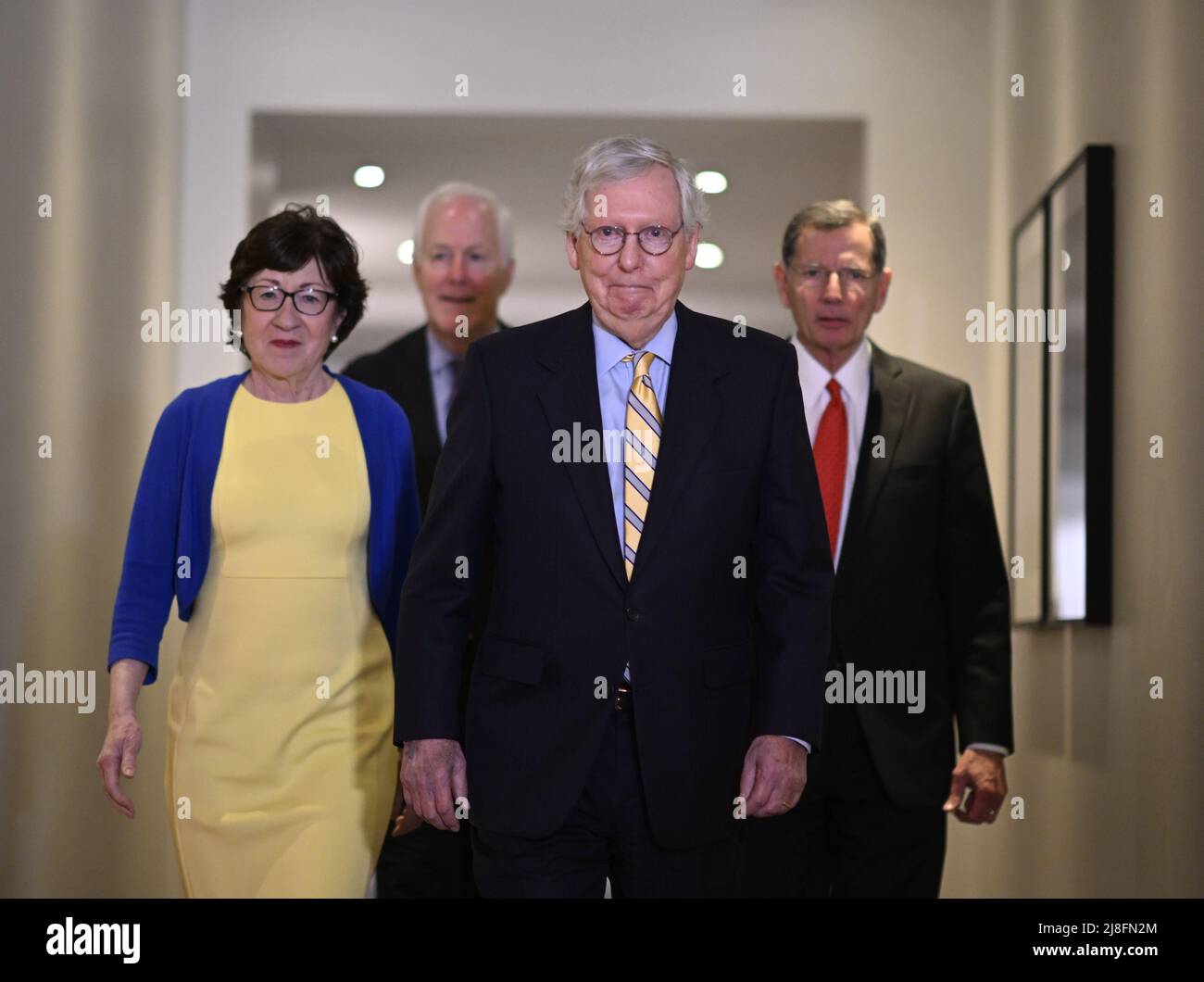 I senatori repubblicani MITCH McConnell, Susan Collins, John Cornyn e John Barrasso hanno incontrato i media svedesi al Grand Hotel di Stoccolma dopo un incontro con il primo ministro svedese Magdalena Andersson e il ministro della Difesa Peter Hultqvist il 15 maggio 2022. Foto: Anders Wiklund / TT / kod 10040 Foto Stock