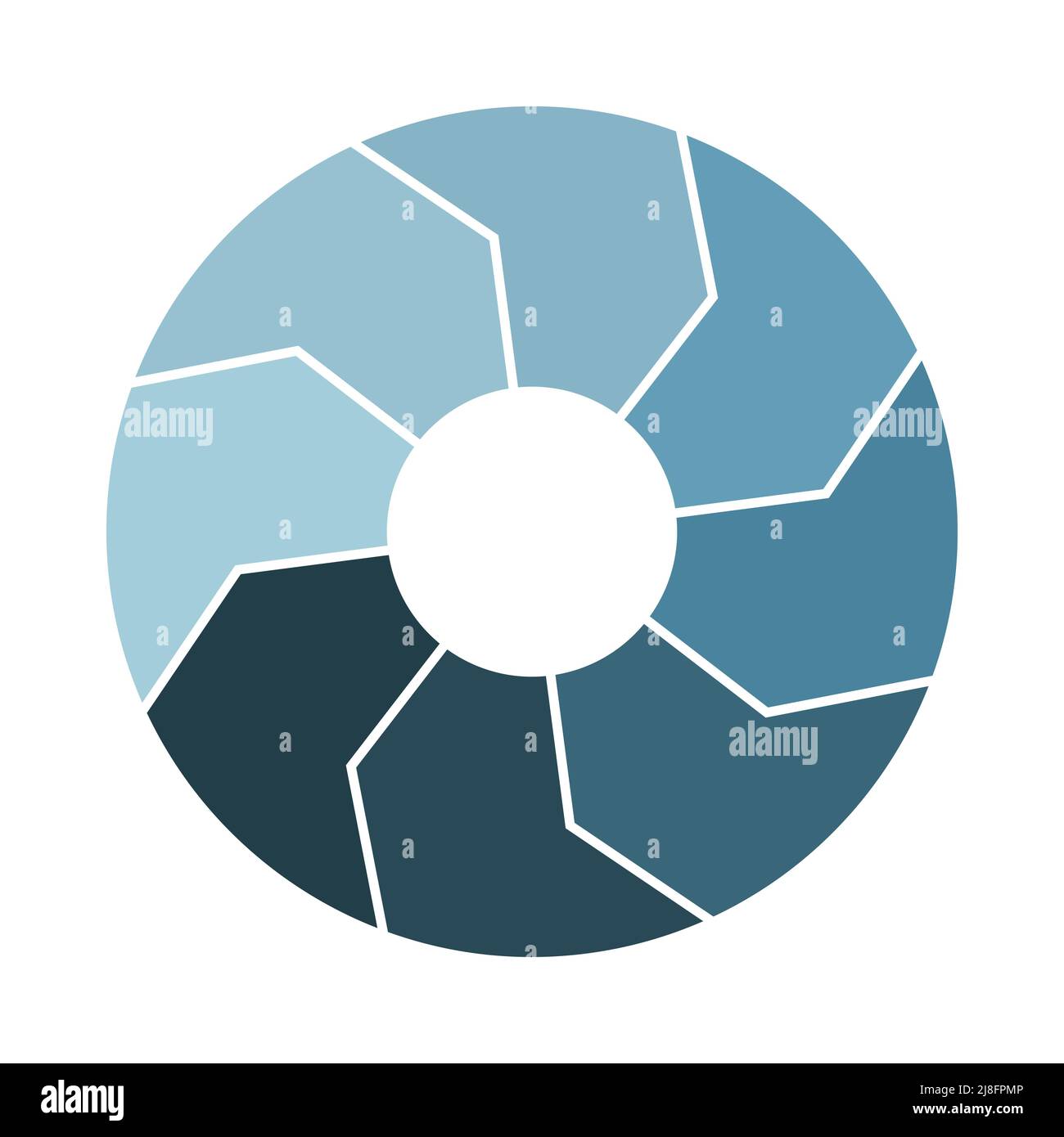 Icona di circolazione del ciclo di vita con 8 frecce. Infografo a rotazione con otto parti spesse. Infografica cerchio blu acciaio Navy. Illustrazione vettoriale piatta. Illustrazione Vettoriale