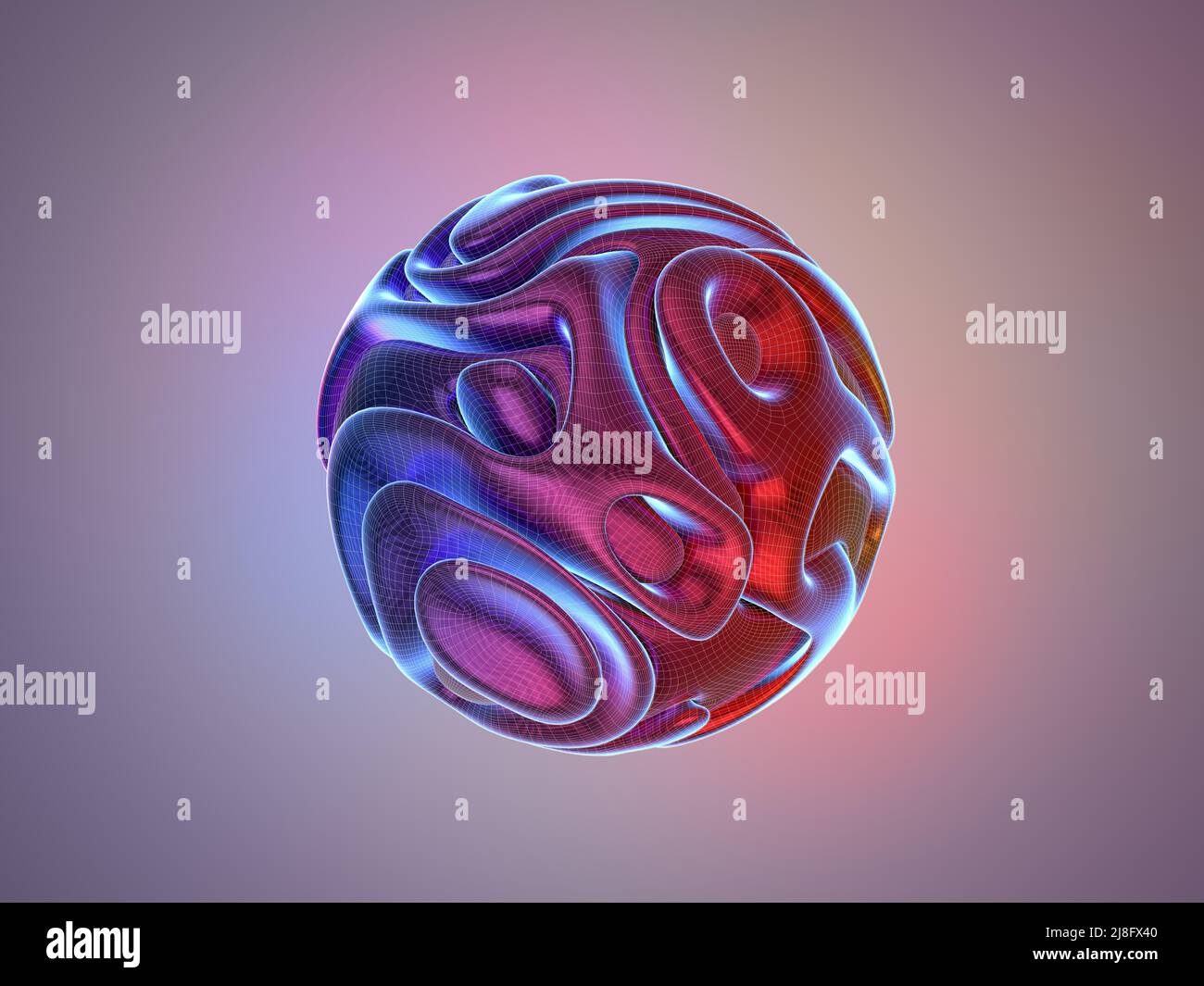 3D rappresentazione di sfera estetica astratta d'arte con parte di forme volate aliene in curve sferiche ondulate e torsioni in materiale metallico opaco lucido in rosso Foto Stock