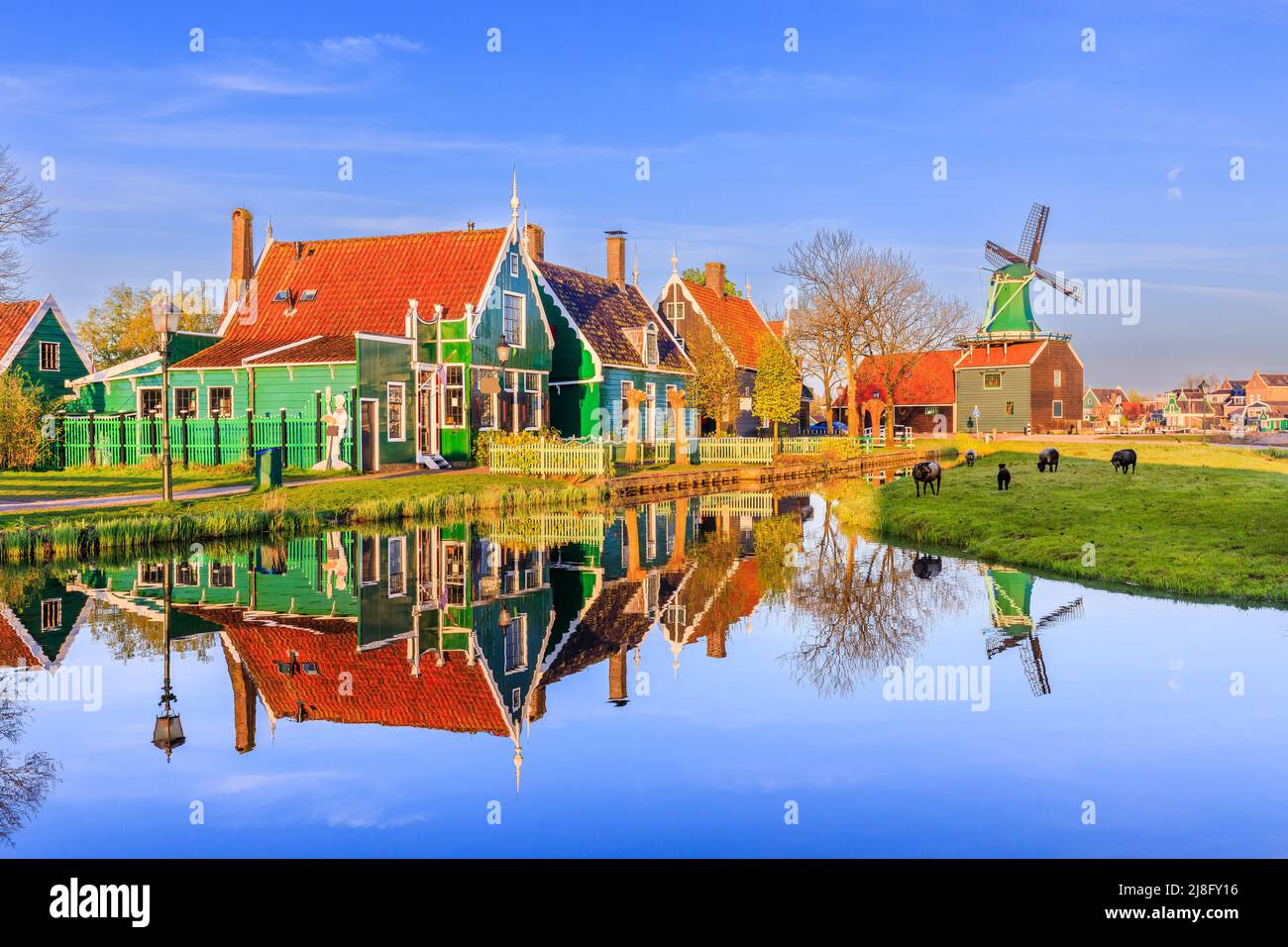 Zaanse Schans villaggio, Paesi Bassi. Mulino a vento olandese e casa tradizionale all'alba. Foto Stock