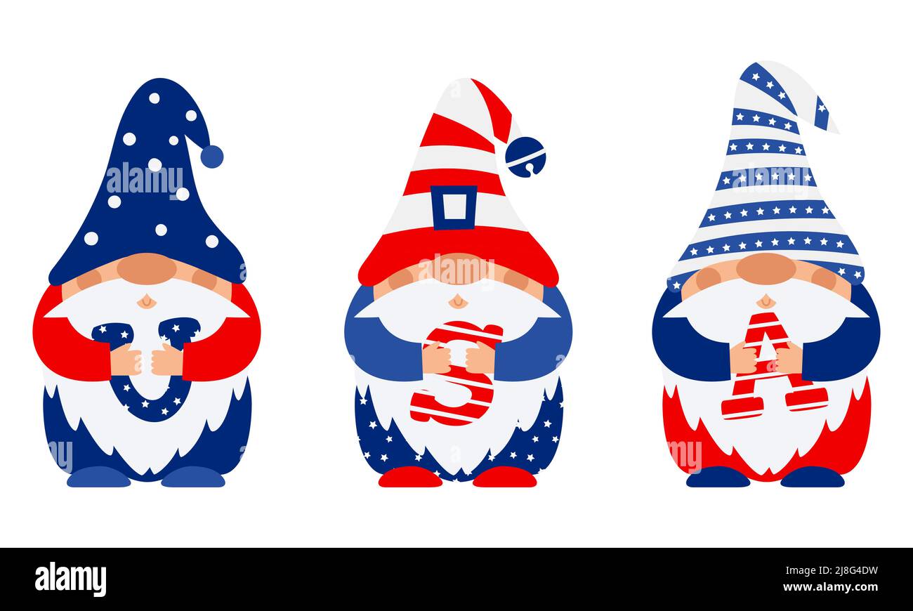 Gnomes patriottici in caps in american flag colori tenere le lettere USA nelle loro mani. Gli gnomes celebrano la Giornata dell'Indipendenza, il 4th luglio. Per l'auto di benvenuto Illustrazione Vettoriale