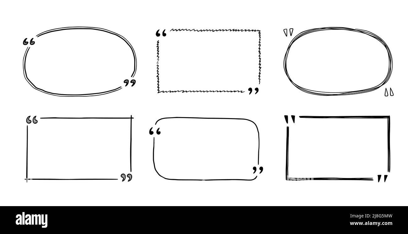 Schizzo della casella di virgoletta, cornice di testo impostata. Casella virgoletta disegnata a mano, bordo di testo con quadrato, bolla, forma rotonda. Illustrazione vettoriale. Illustrazione Vettoriale