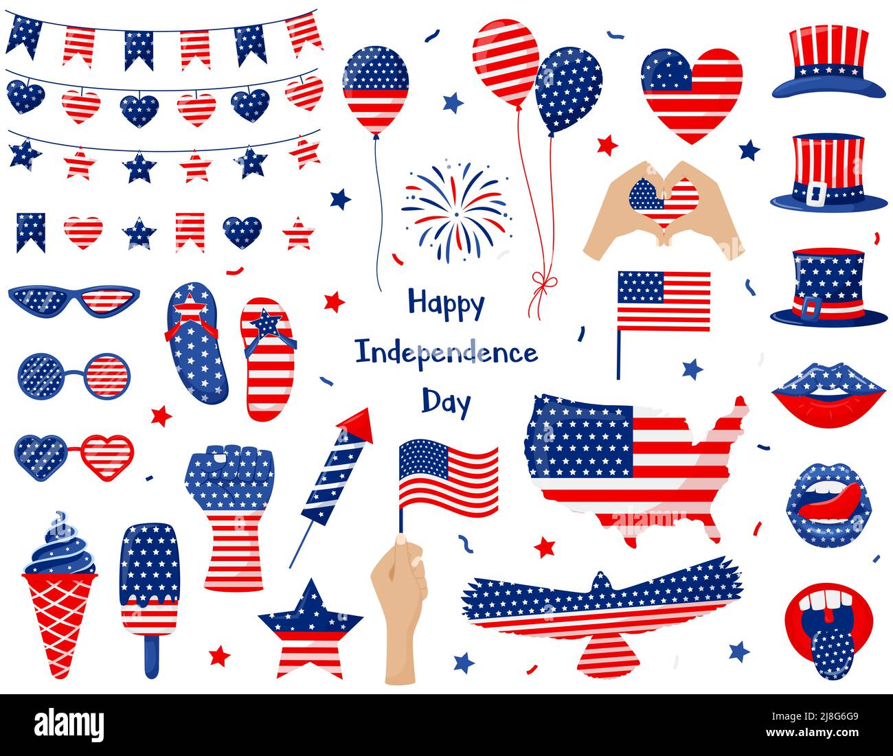 Una serie di elementi per celebrare la Giornata dell'Indipendenza degli Stati Uniti. Simboli patriottici a colori della bandiera americana. Luglio 4th. Per biglietto d'auguri, t shirt Illustrazione Vettoriale