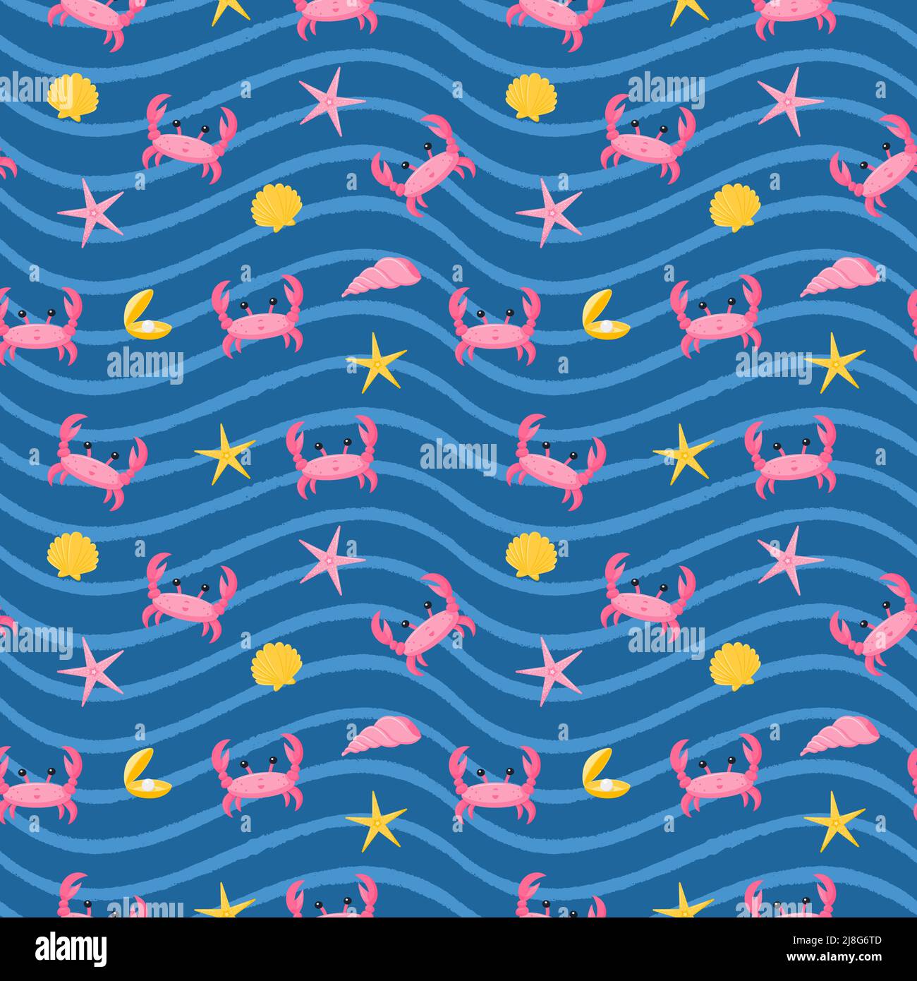 Modello senza cuciture con stelle marine, granchi, conchiglie e perle. Personaggi ed elementi carini. Per l'estate, tessuti da spiaggia e accessori. Illustratio vettoriale Illustrazione Vettoriale