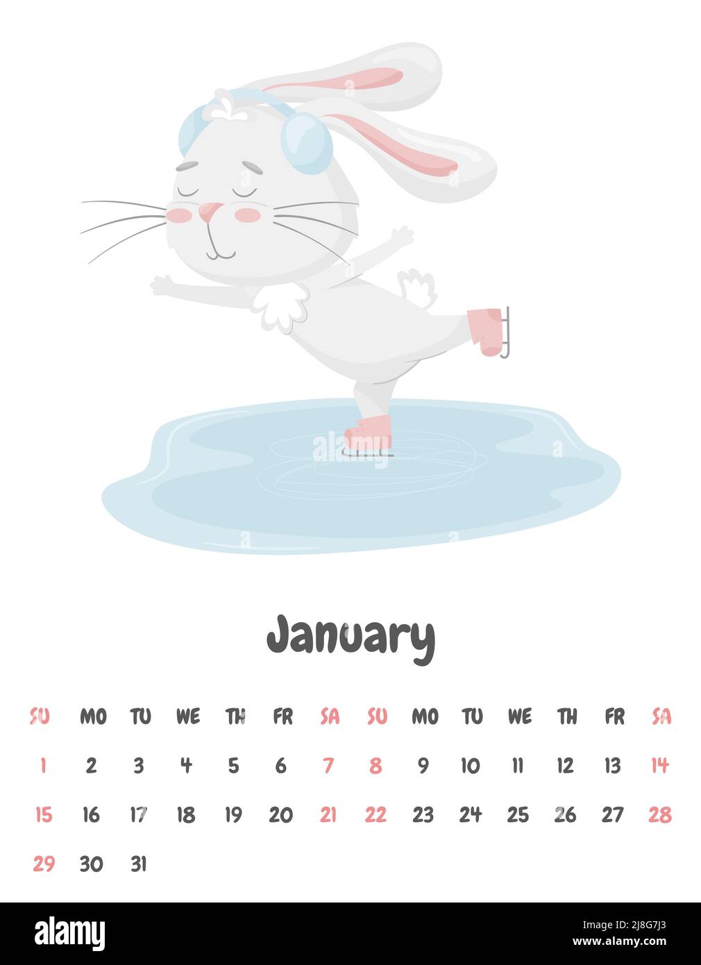 Calendario per il mese di gennaio 2023 con un simpatico coniglio pattinare su una pista di pattinaggio su ghiaccio con cuffie. Adorabile animale, un carattere di colore pastello Illustrazione Vettoriale