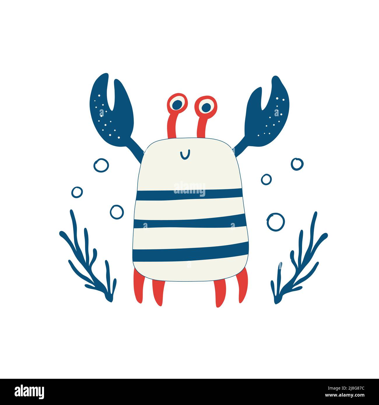 Granchio rosso carino con occhi e artigli divertenti. Illustrazione vettoriale colorata infantile di aragosta sorridente divertente. Progettare biglietti d'auguri e inviti Illustrazione Vettoriale