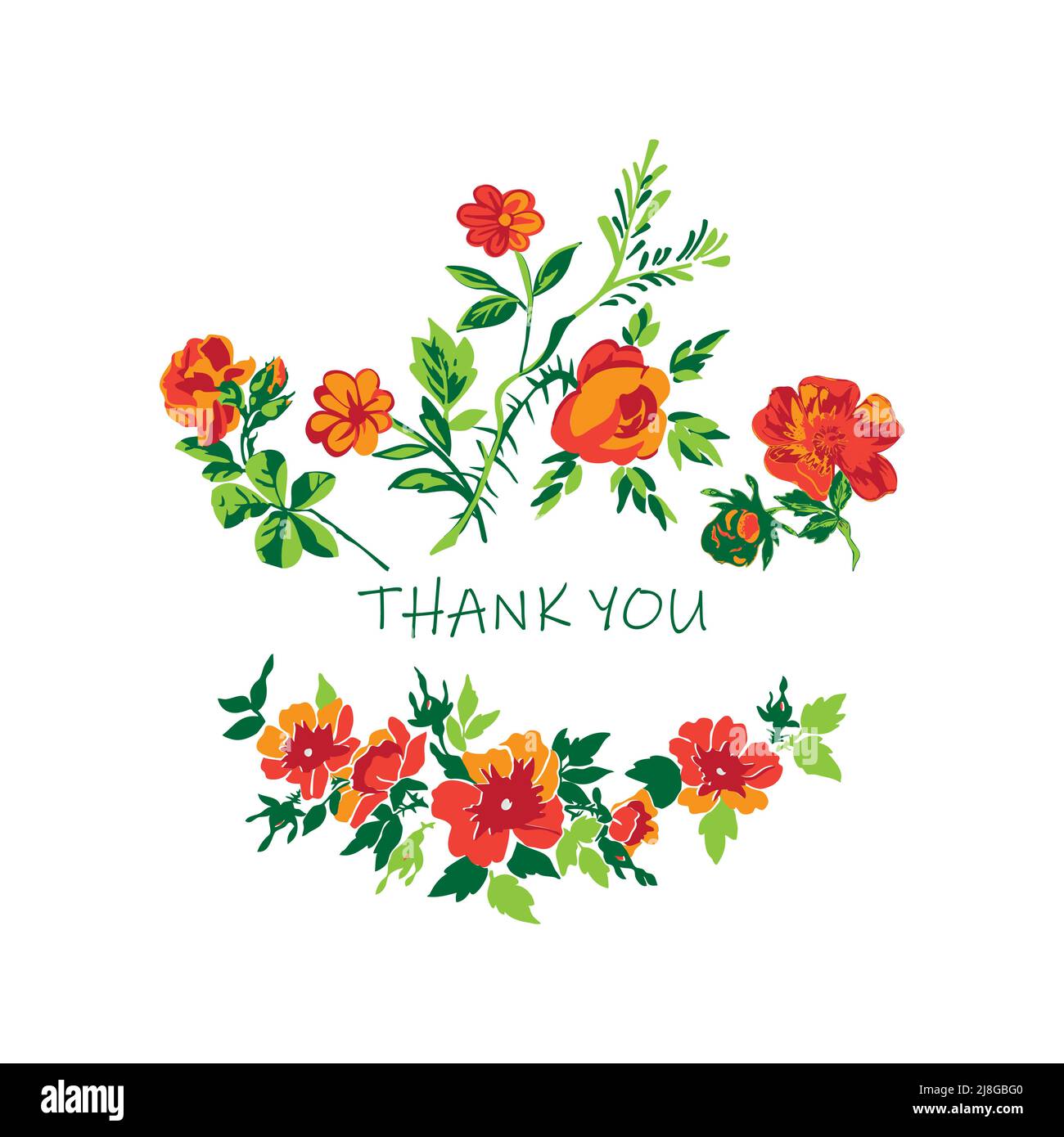 Biglietto floreale per l'invito al matrimonio. Corona rose fiori, steli, foglie in colori pastello verde rosso su sfondo bianco. Illustrazione vettoriale, biglietto di auguri Illustrazione Vettoriale