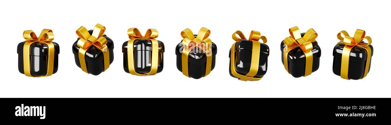 Scatole regalo nere con archi d'oro isolati su sfondo bianco in diverse viste Foto Stock