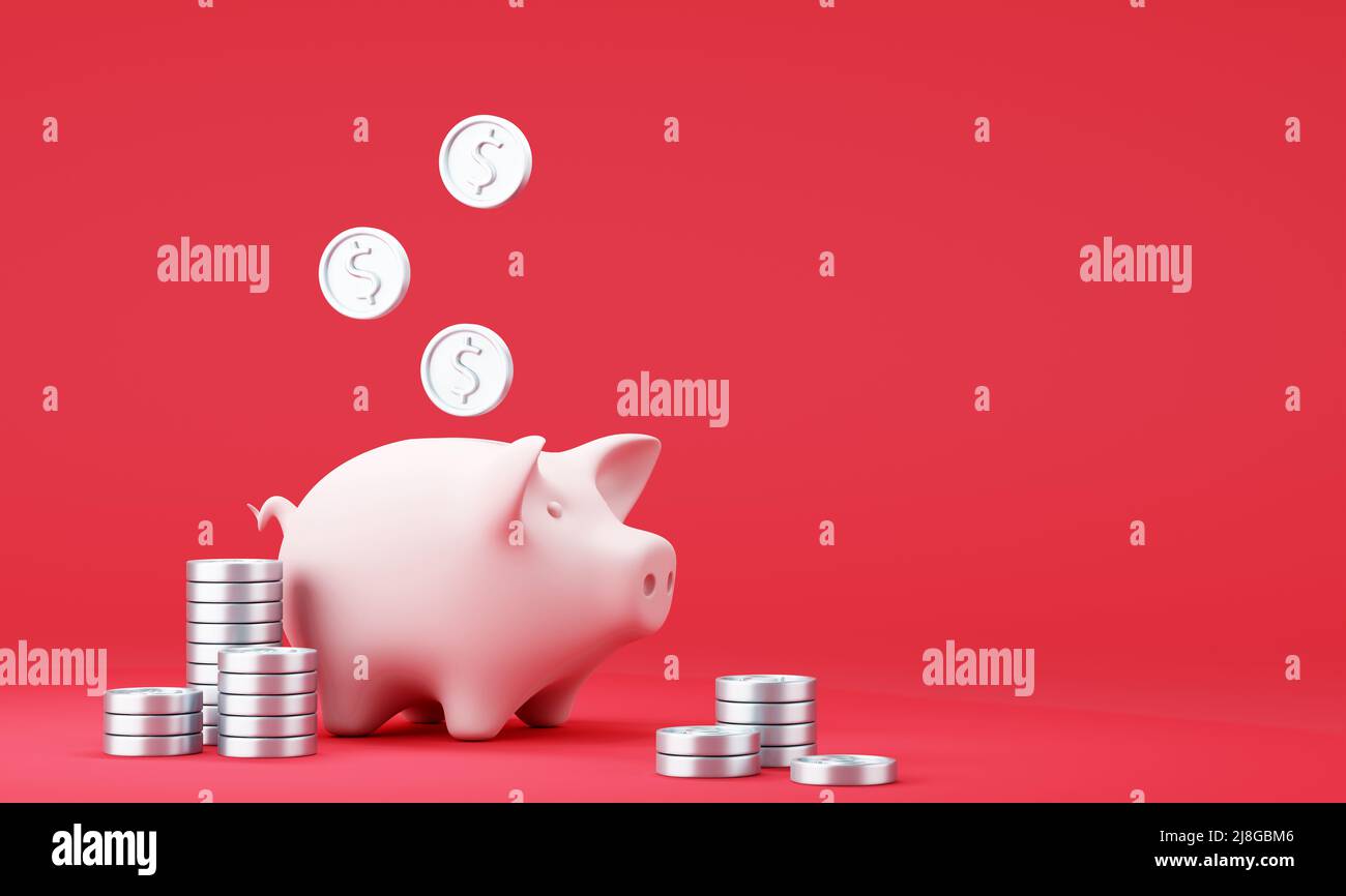 Piggy banca con monete in dollari in caduta su sfondo rosso Foto Stock