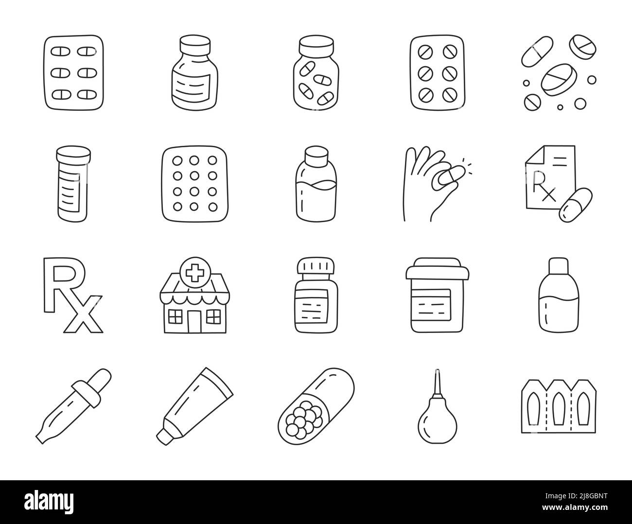 Illustrazione di doodle della farmacia compreso le icone - le pillole bottiglia, pipetta, capsule, blister delle compresse, vitamina, sciroppo di tosse, contraccettivi e integratori Illustrazione Vettoriale