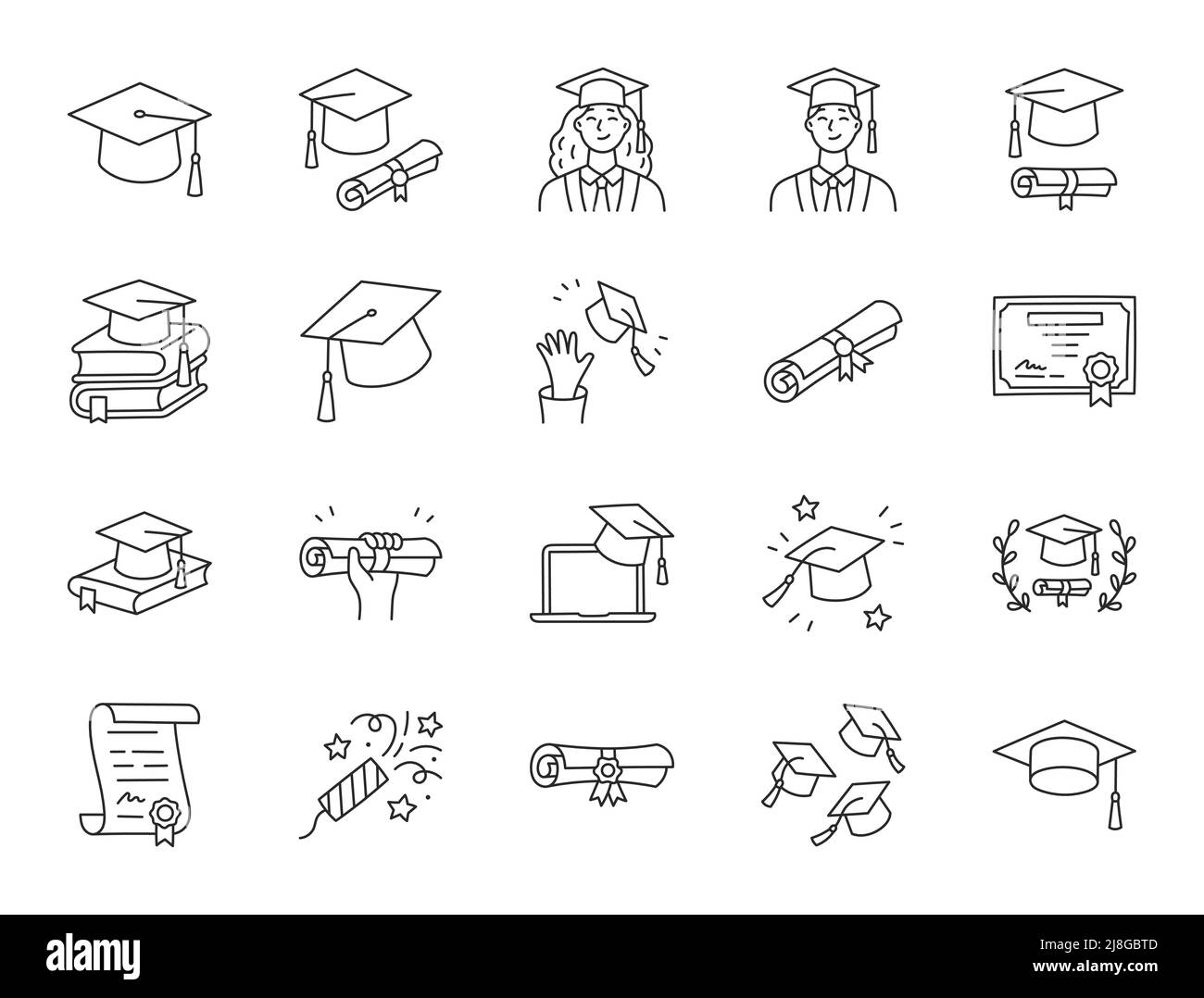 Illustrazione del doodle di laurea che include icone - studente in cappello, rotolo di certificato di diploma, grado universitario . Arte sottile circa la scuola superiore Illustrazione Vettoriale