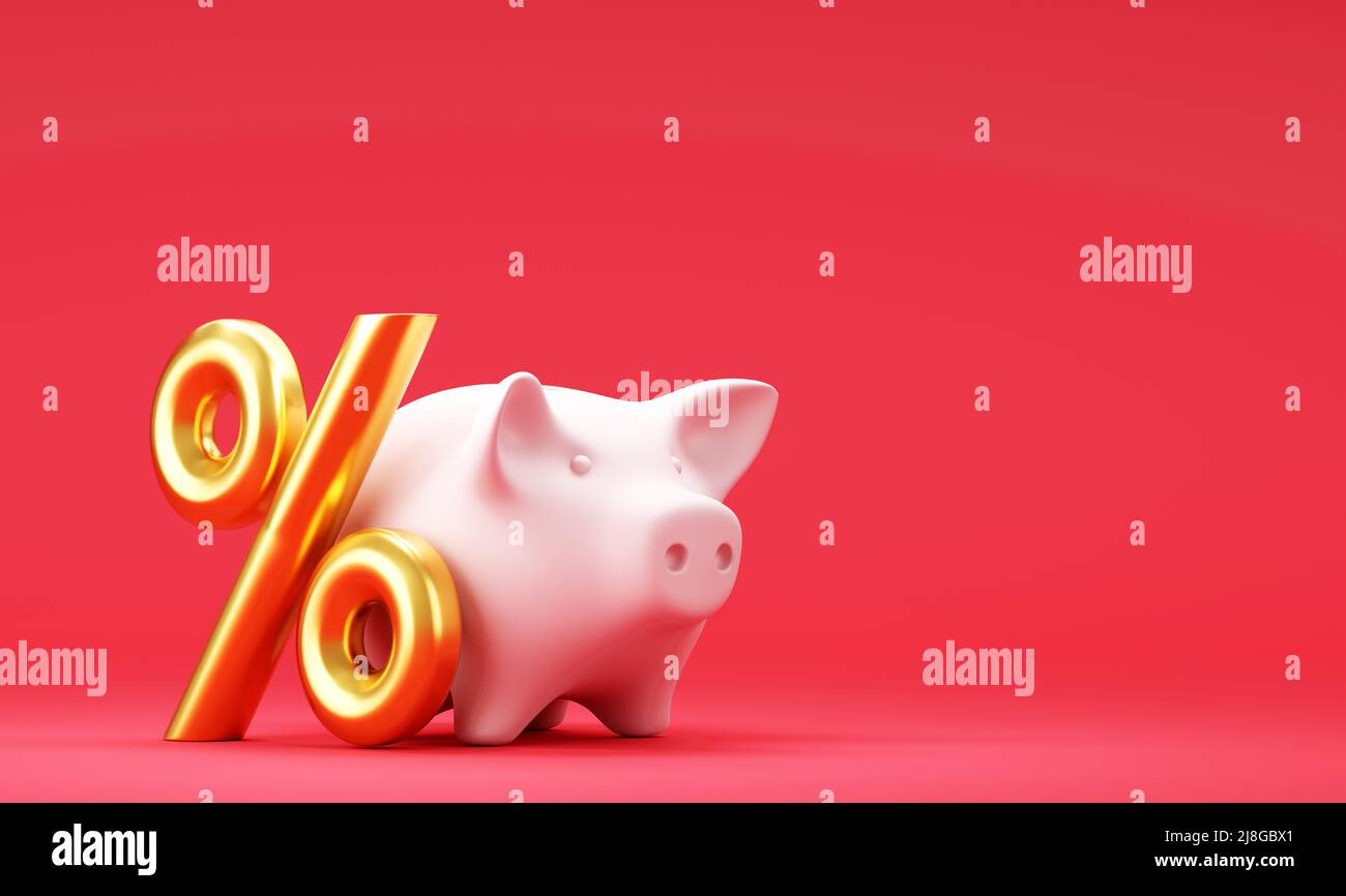 Bianco Piggy banca con segno di percentuale su sfondo rosso Foto Stock