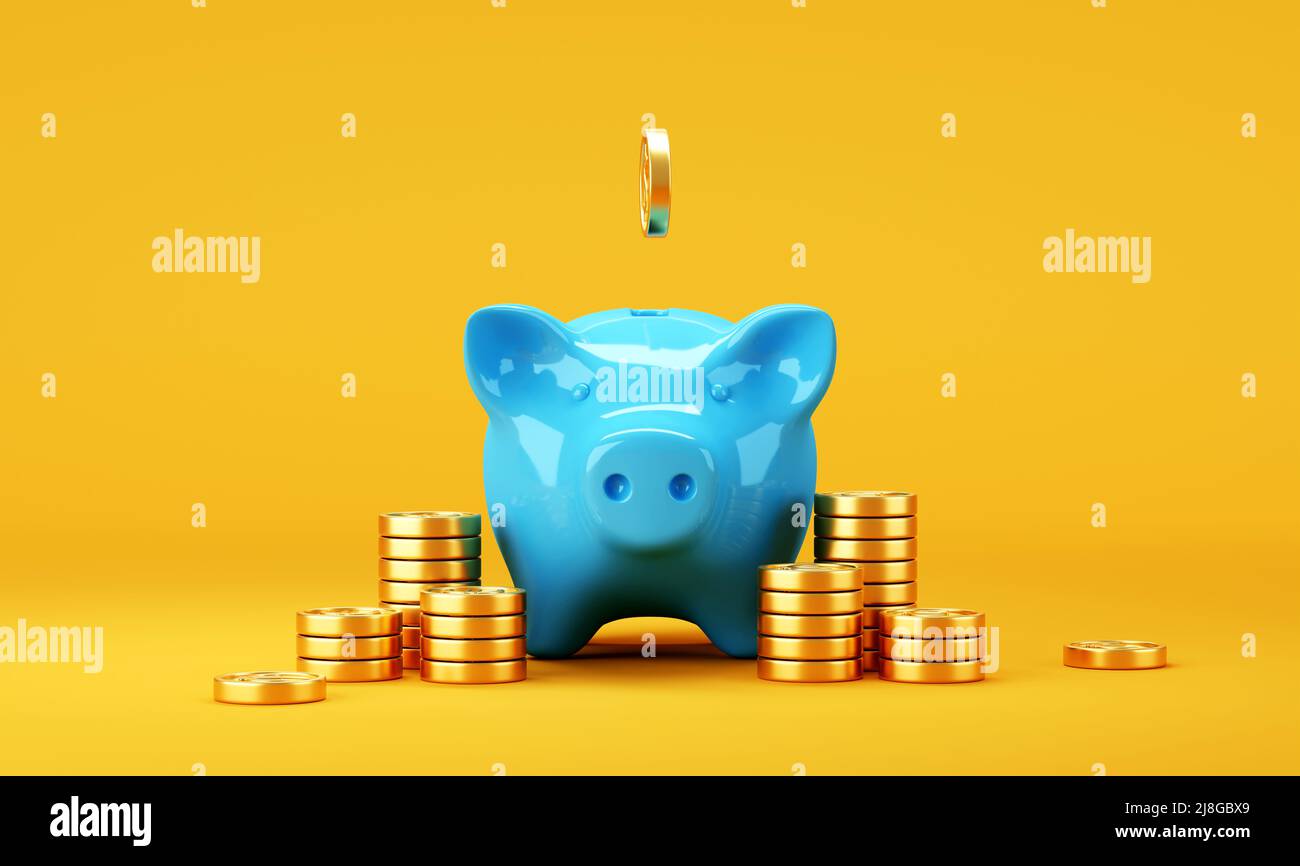 Blue bank con monete in dollari in caduta su sfondo luminoso Foto Stock