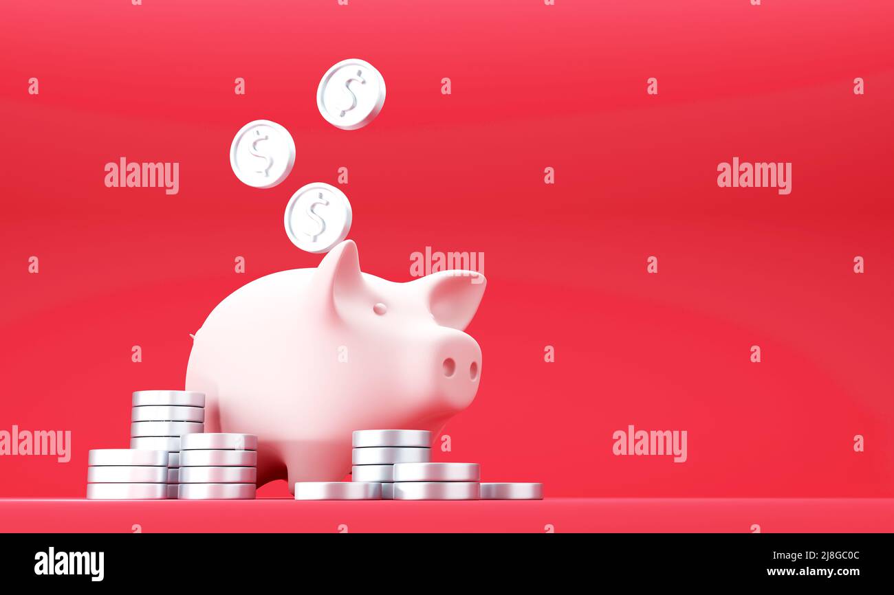 Piggy banca con monete in dollari in caduta su sfondo rosso Foto Stock