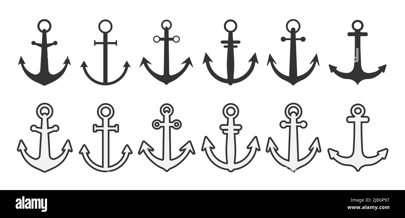 raccolta di ancoraggi isolati su sfondo bianco, illustrazione vettoriale marittima Illustrazione Vettoriale