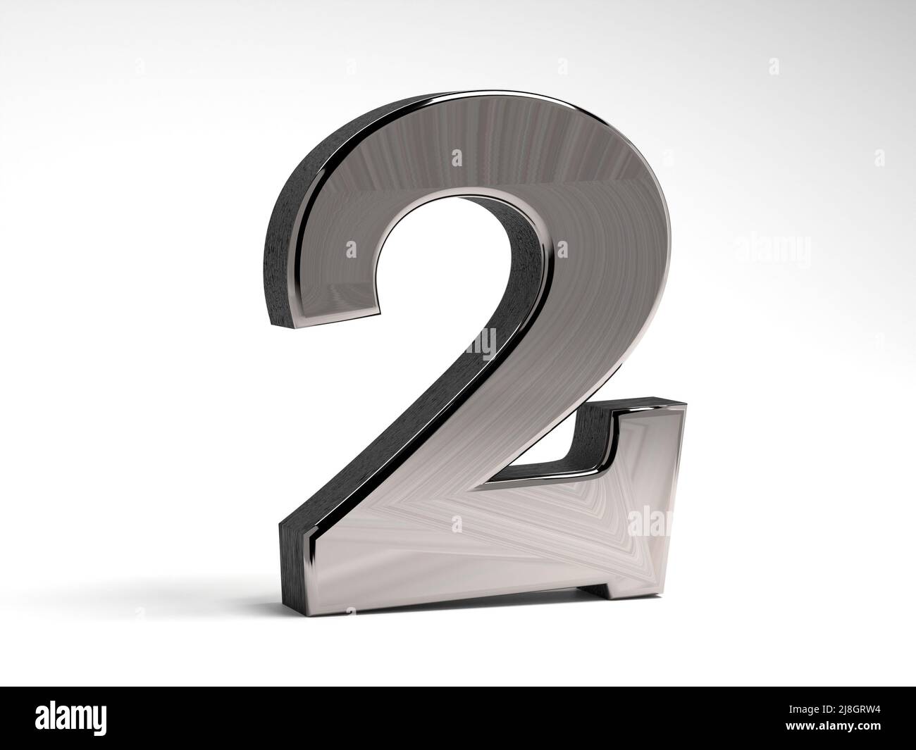 Numero due fatto di acciaio su sfondo bianco. Cifra volumetrica in metallo. 3D rendering. Foto Stock