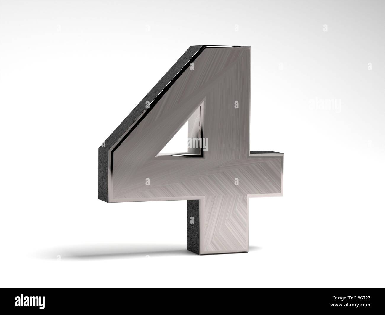 Numero quattro in acciaio su sfondo bianco. Cifra volumetrica in metallo. 3D rendering. Foto Stock